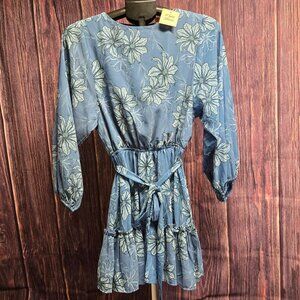 Flying Tomato Blue Floral Long Sleeve Tie Waist Ruffle Dress Size Small